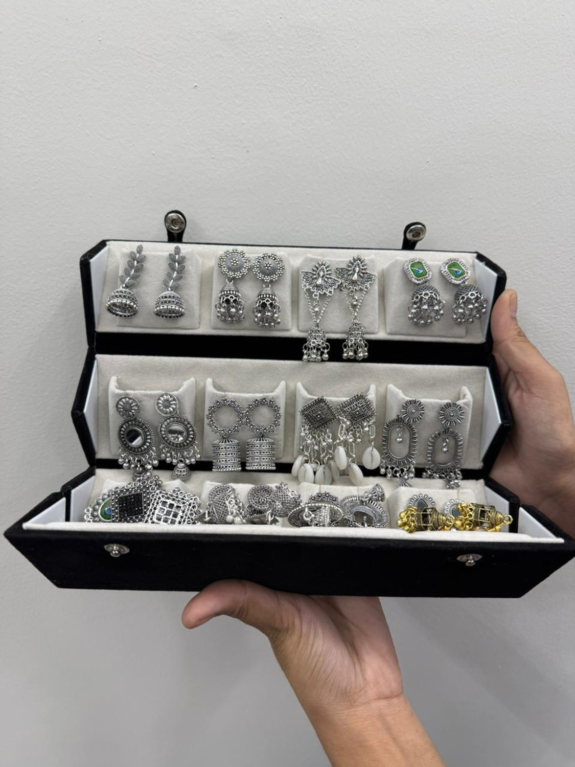 Image of Treviyaa Viral 16 Pair Oxidised Earing Set With Folding Jewelery Box | WITH LOVE NOTE Alloy Jhumki Earring