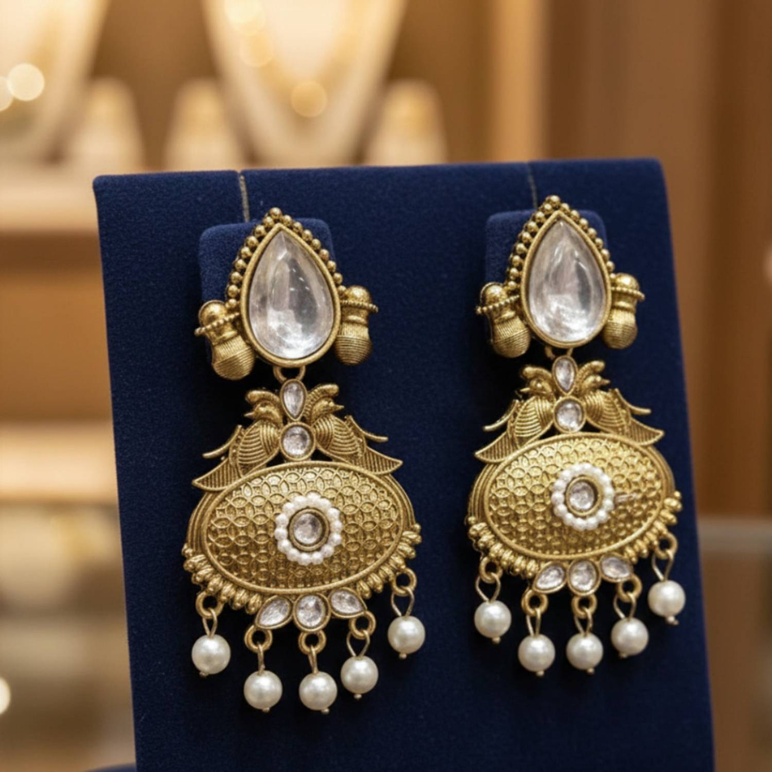 Bisht Bling Women Antique Gold-Plated Kundan Pearl Chandbali Drop Earrings Alloy Earring Set