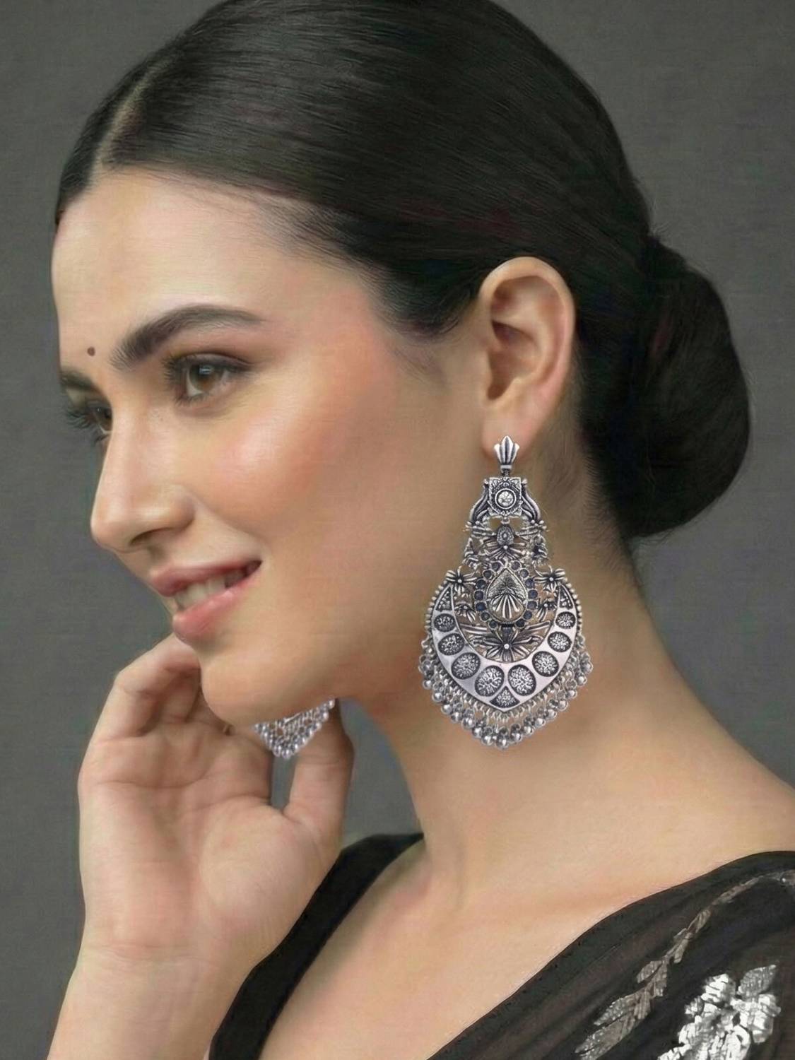 alysa Big Size Antique Silver Plated Alloy Drops & Danglers, Chandbali Earring