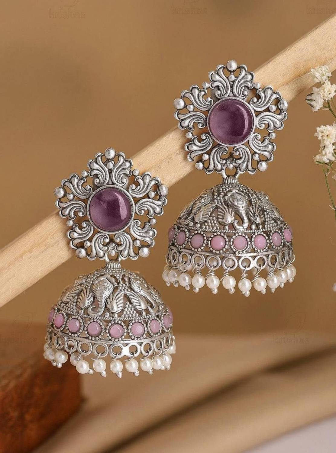 AKENTRPRISE Oxidised Silver-Plated Elephant Motif Jhumka Earrings with Purple & Pink Stones Alloy Jhumki Earring