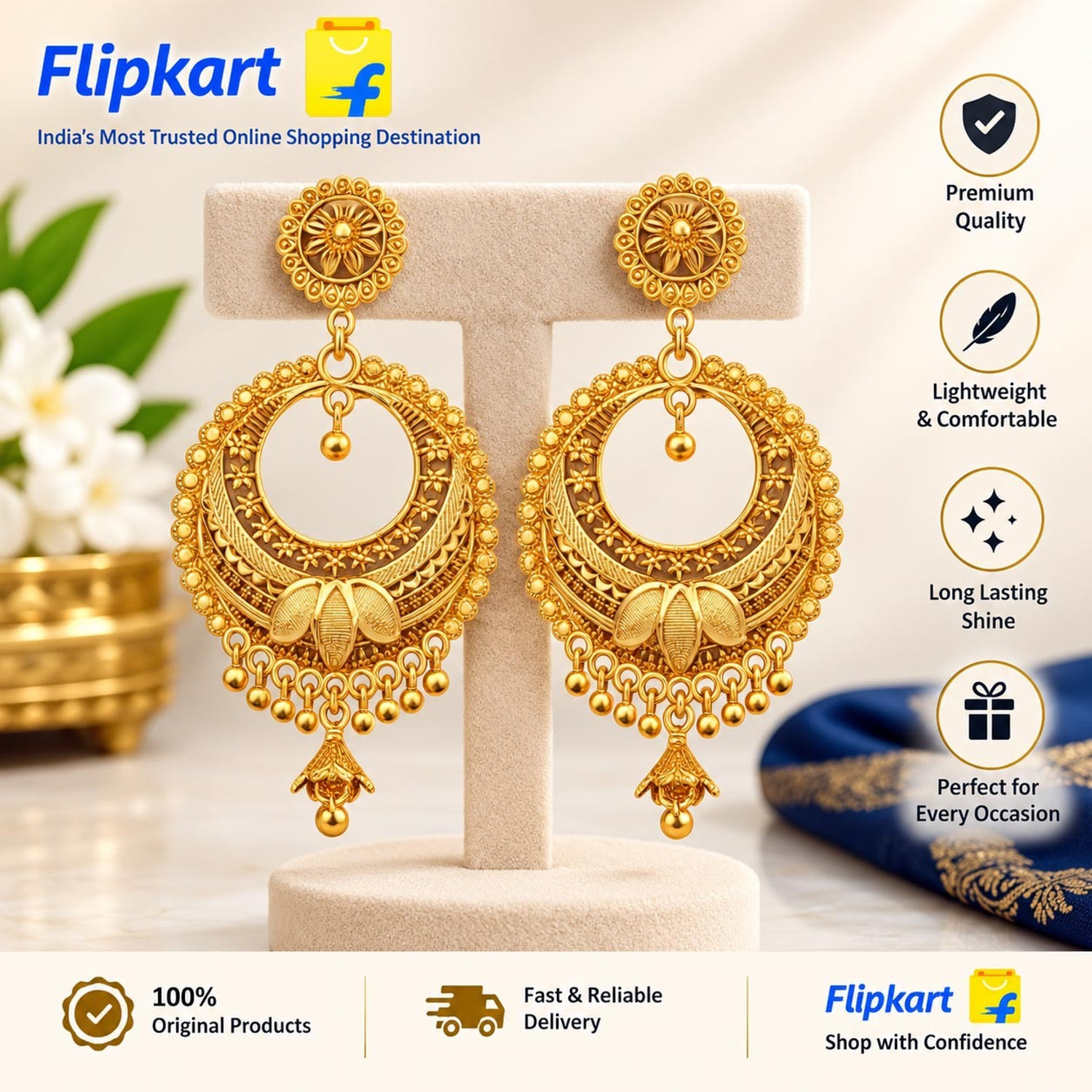 Image of FASHION HOUSE Gold Earring for woman Gold Plated Pearl Hoop Earrings Brass Chandbali Earring