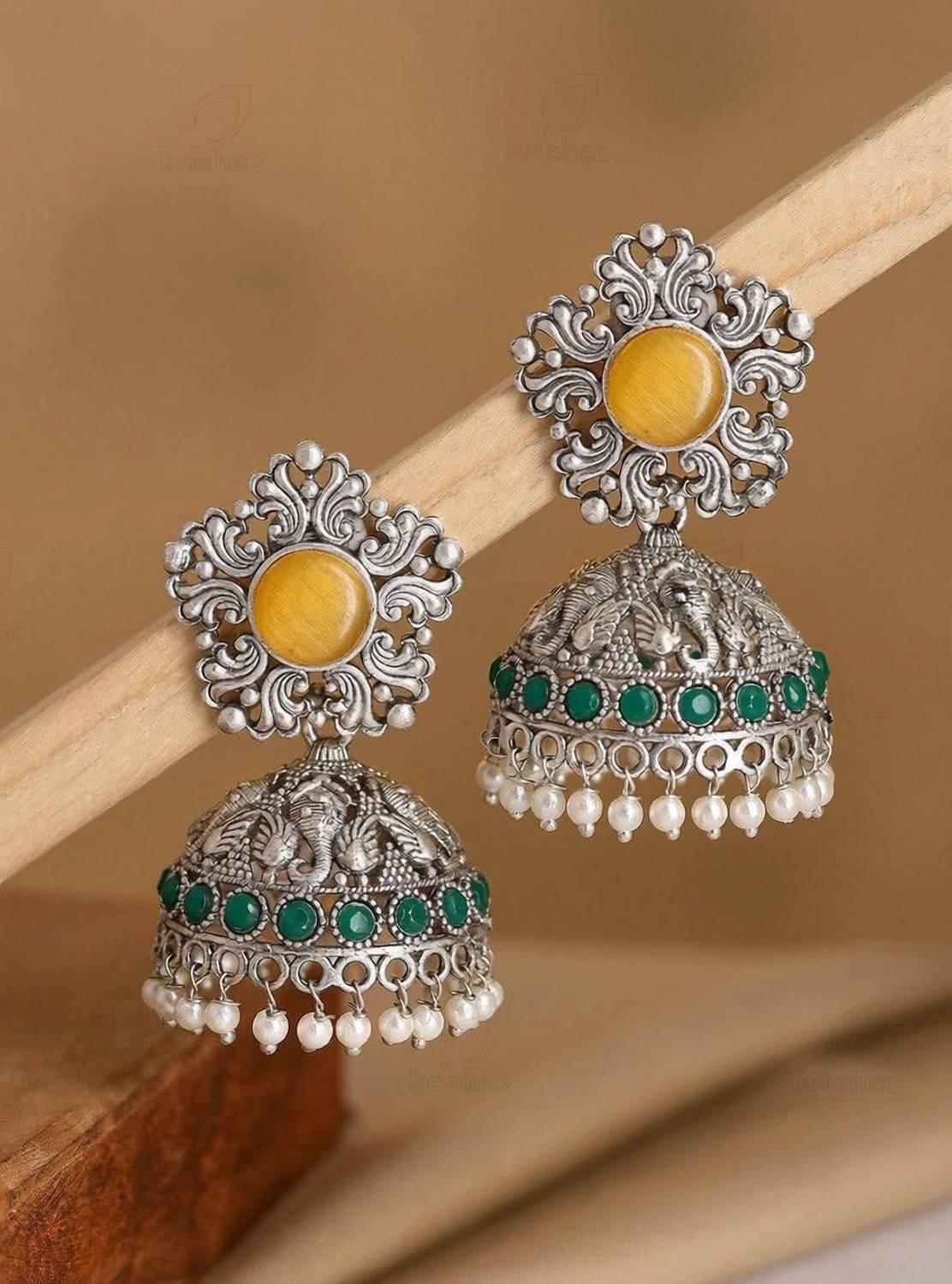 AKENTRPRISE Oxidized Silver Elephant Motif Jhumkas with Green Stones & Pearl Drops Alloy Jhumki Earring