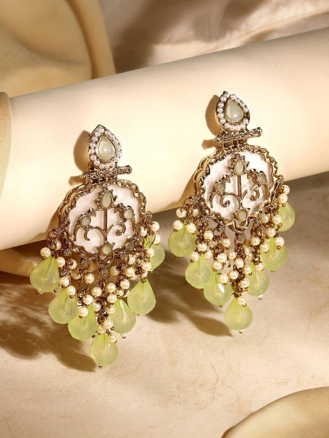 ASMITTA Jewellery White Pearls and Mint Green Cubic Zirconia Stone Studded Drop & Dangle Earrings Pearl Alloy Drops & Danglers