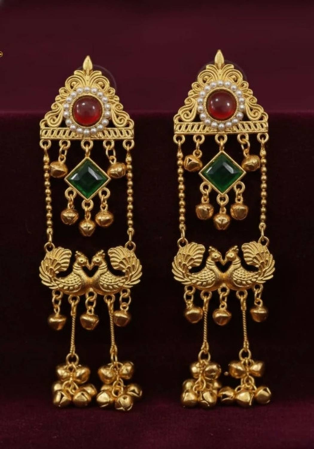Auraa Royal Kashmiri Peacock Jhumka Earrings with Red & Green Stone Pearl Alloy Tassel Earring, Jhumki Earring, Drops & Danglers, Chandbali Earring