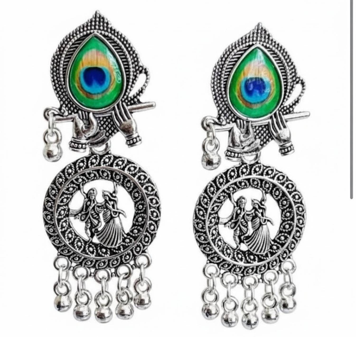 ABC Radha Krishna Oxidized with Peacock Feather Studs Alloy Jhumki Earring Beads Alloy Drops & Danglers, Jhumki Earring, Plug Earring, Hoop Earring