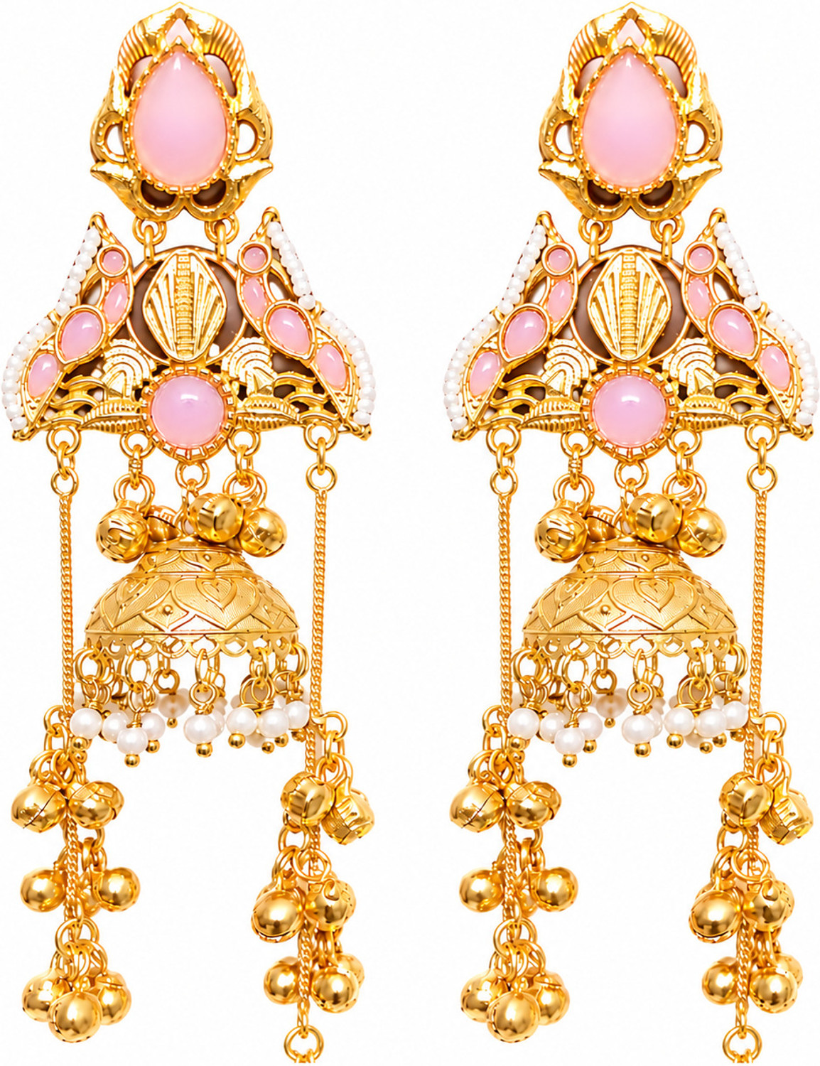 Image of Royaleum DOUBLE LONG CHAIN JHUMKA KASHMIRI EARRING SET Zircon Brass Drops & Danglers