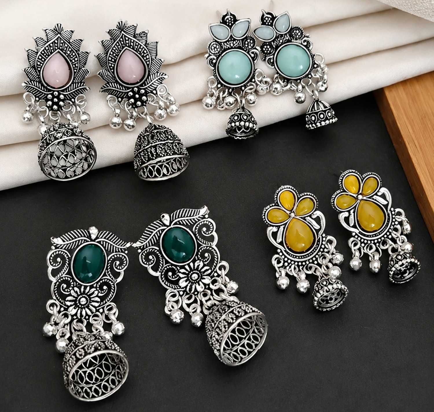 Image of KAYAANSH Oxidised Jhumka Earrings 4 Pair Combo for Women & Girls Alloy Stud Earring, Jhumki Earring