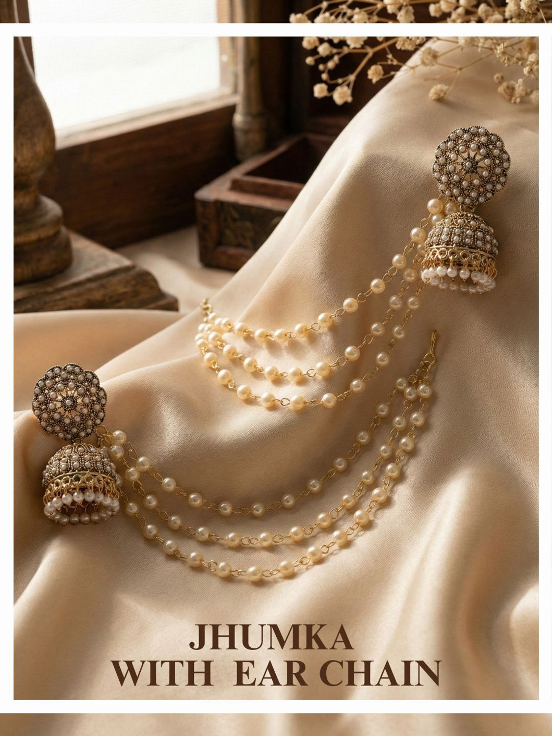 Image of Meira Jewellery Gold Plated Bahubali Jhumki Earring with Layered ear Chain Alloy Jhumki Earring