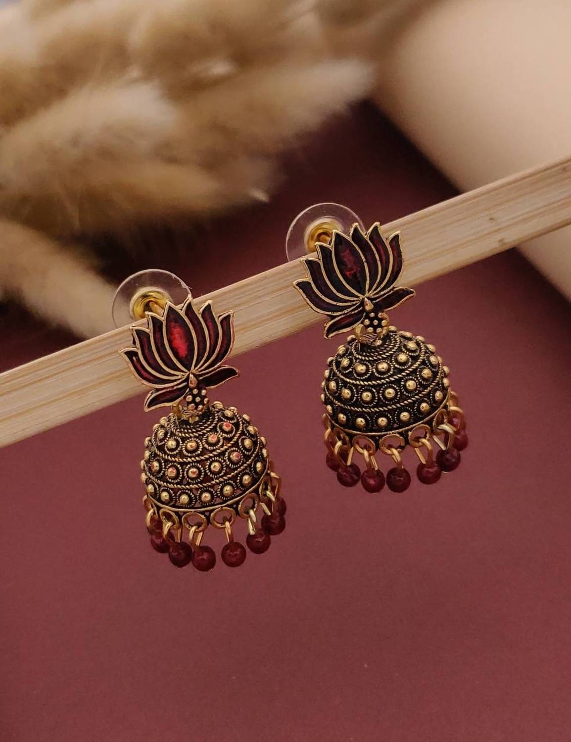 Ashirvad creations Traditional Lotus Enamel Gold-Plated Jhumki Earring Brass, Alloy Jhumki Earring