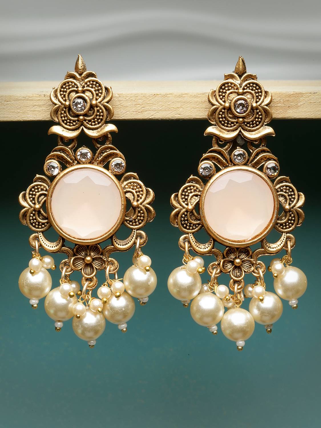 Adiva ADIVA Gold-Plated Pink Stone & Pearl Floral Shaped Handcrafted Drop Earrings Alloy Drops & Danglers