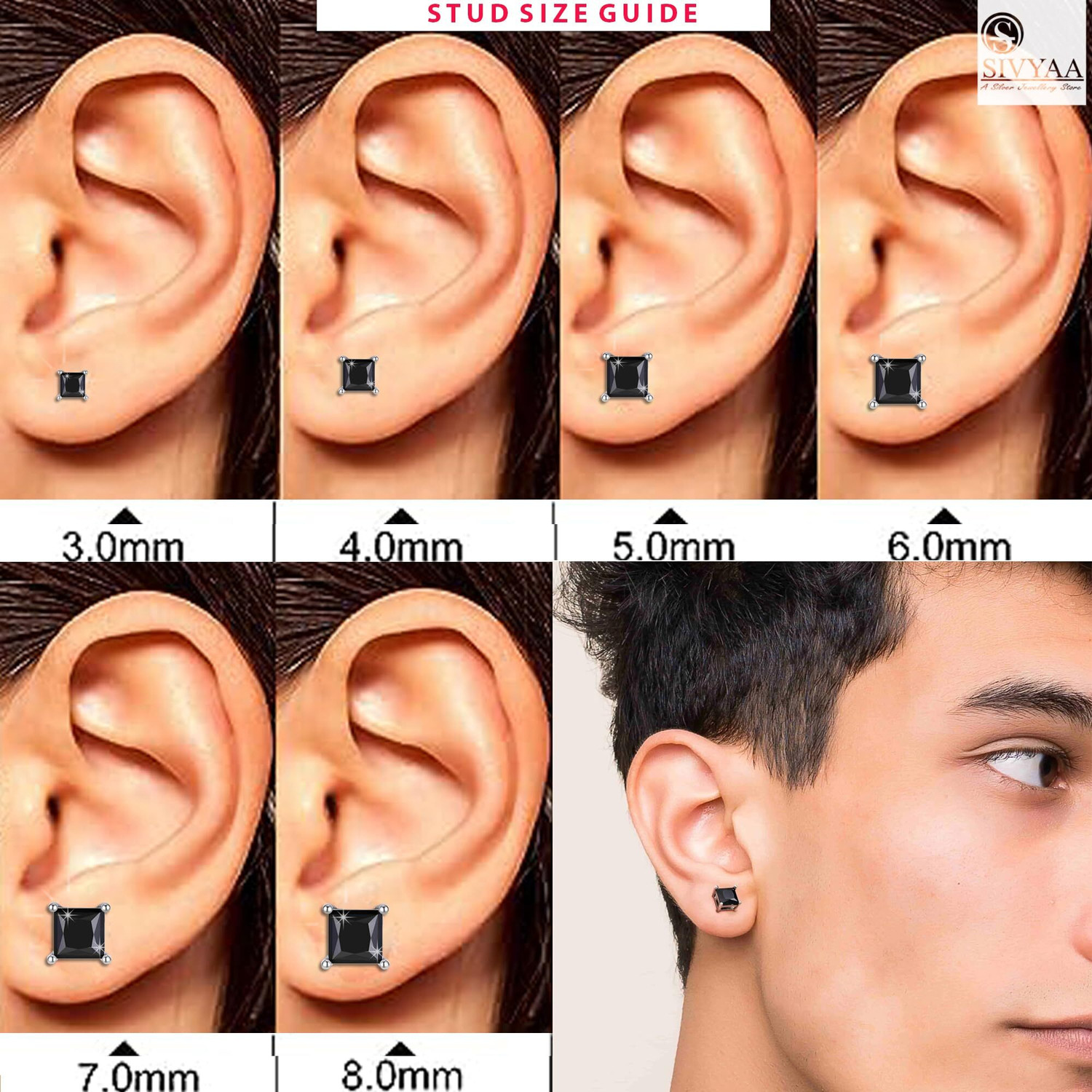 Image of SIVYAA 3MM Men's 1 Pcs Black Square Solitaire Diamond Earrings|925 Silver|Gift Men Boy| Cubic Zirconia Sterling Silver Stud Earring, Earring Set