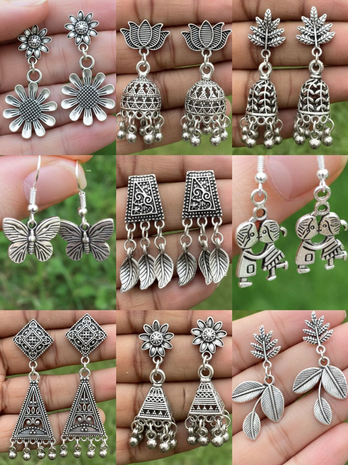 Image of adhira creation Pack of 9 Traditional Oxidised Silver Earrings Combo for Women & Girls Brass Jhumki Earring, Drops & Danglers