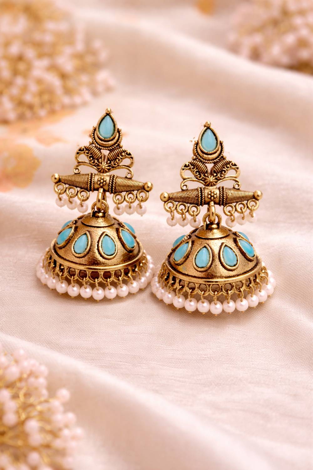 BellaArte Antique Gold Plated sky blue Stone Pearl Jhumka Earrings Alloy Drops & Danglers, Jhumki Earring