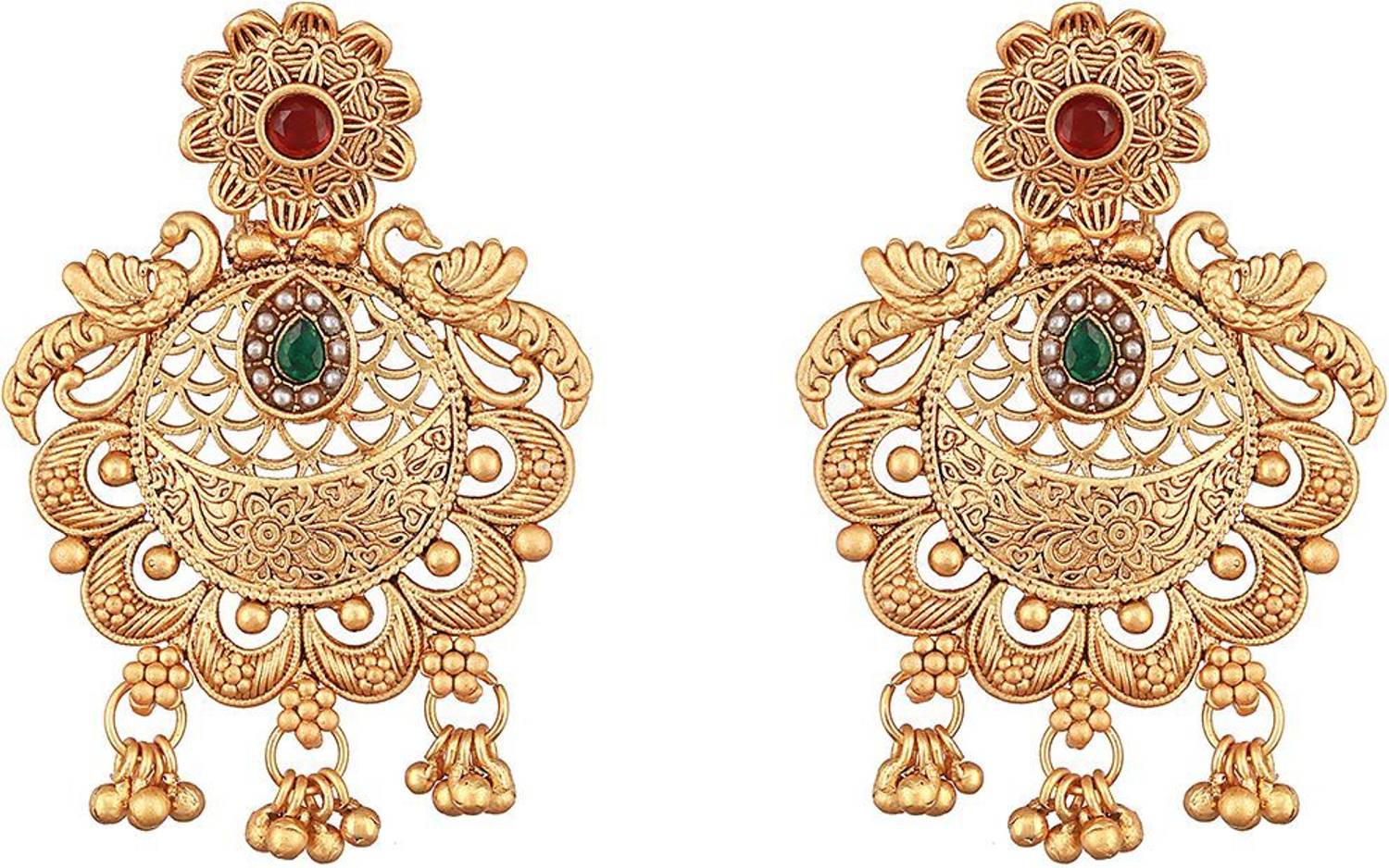 AATMANA Gold Plated Green & Red Stone-Studded & Beaded Filgiree Chandbalis Earrings Brass Chandbali Earring