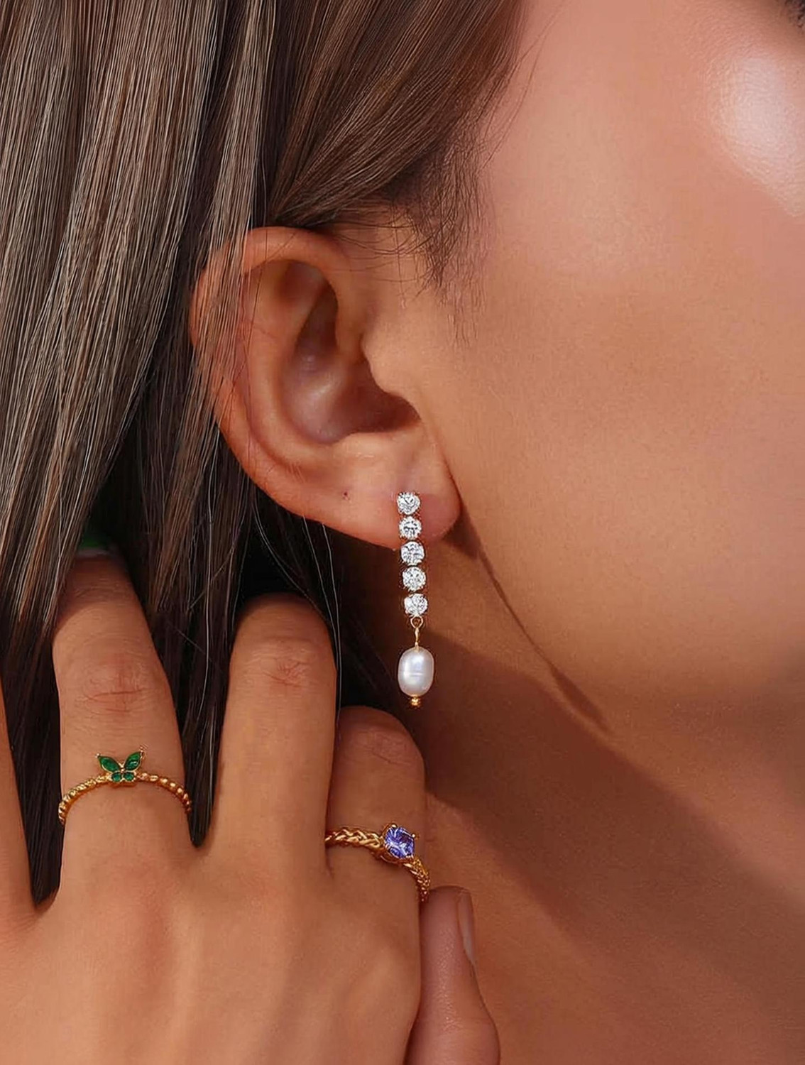 Image of PALMONAS Pearl Drop Diamond Earrings Stainless Steel Stud Earring