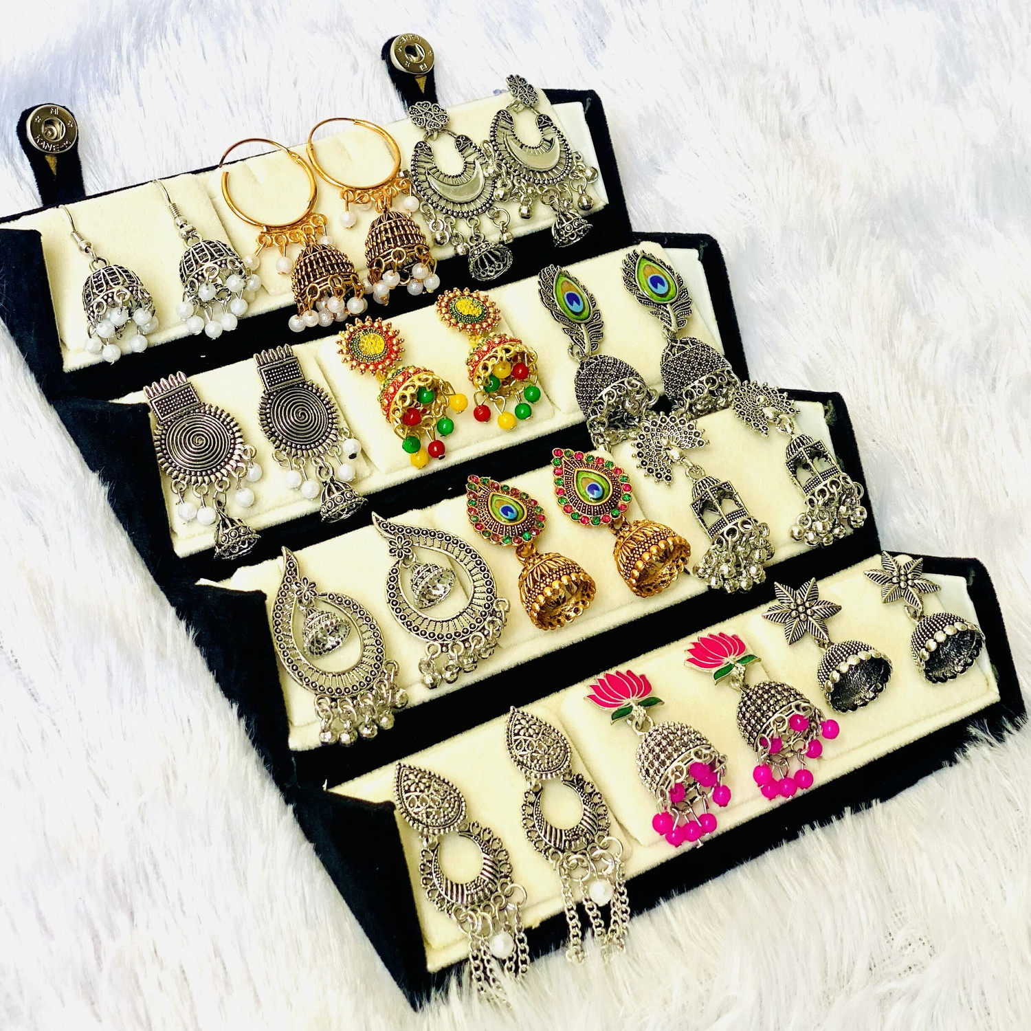 Image of RATNAASYA Traditional Oxodised 12 Pairs jhumki Earrings combo set Cubic Zirconia Alloy, Sterling Silver Chandbali Earring, Drops & Danglers, Earring Set, Hoop Earring, Jhumki Earring