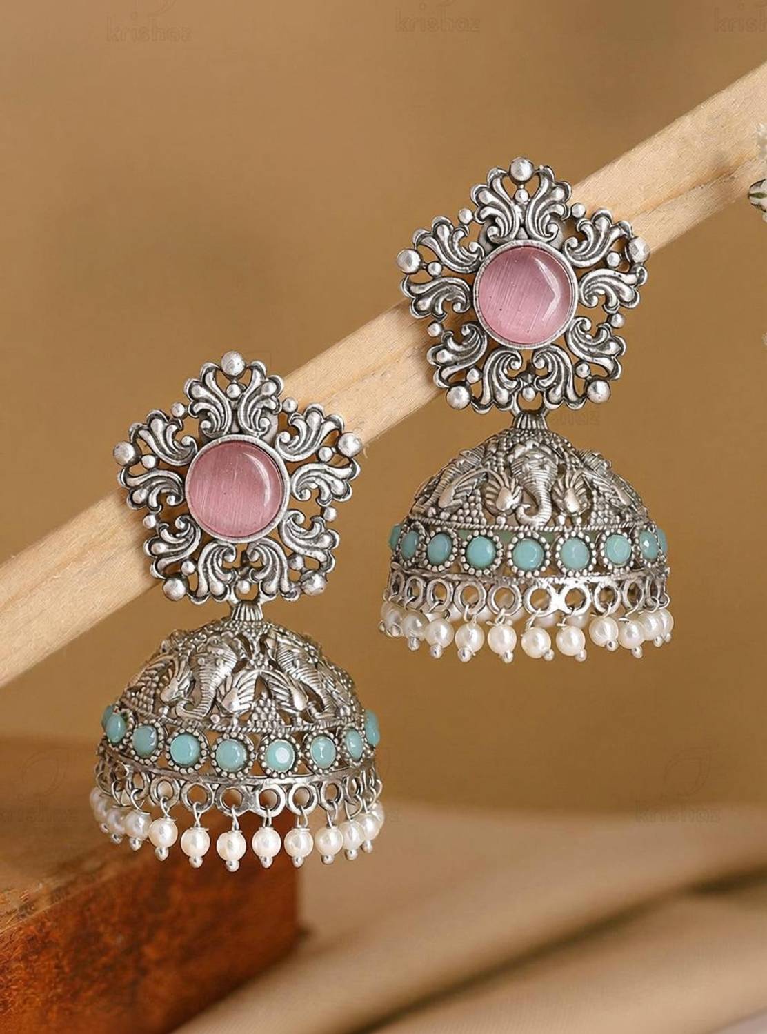 AKENTERPRISE Handcrafted Antique Oxidised Jhumkas with Pearl & Stone Detailing Alloy Jhumki Earring