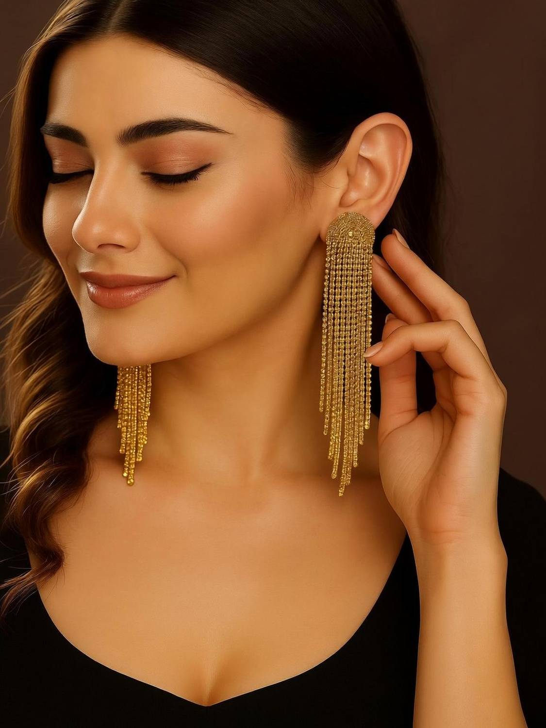 ALIZ FASHION Golden tassel long earring for womens and girls Cubic Zirconia Metal, Stone, Bronze, Gold Stud Earring, Hoop Earring, Tassel Earring, Earring Set
