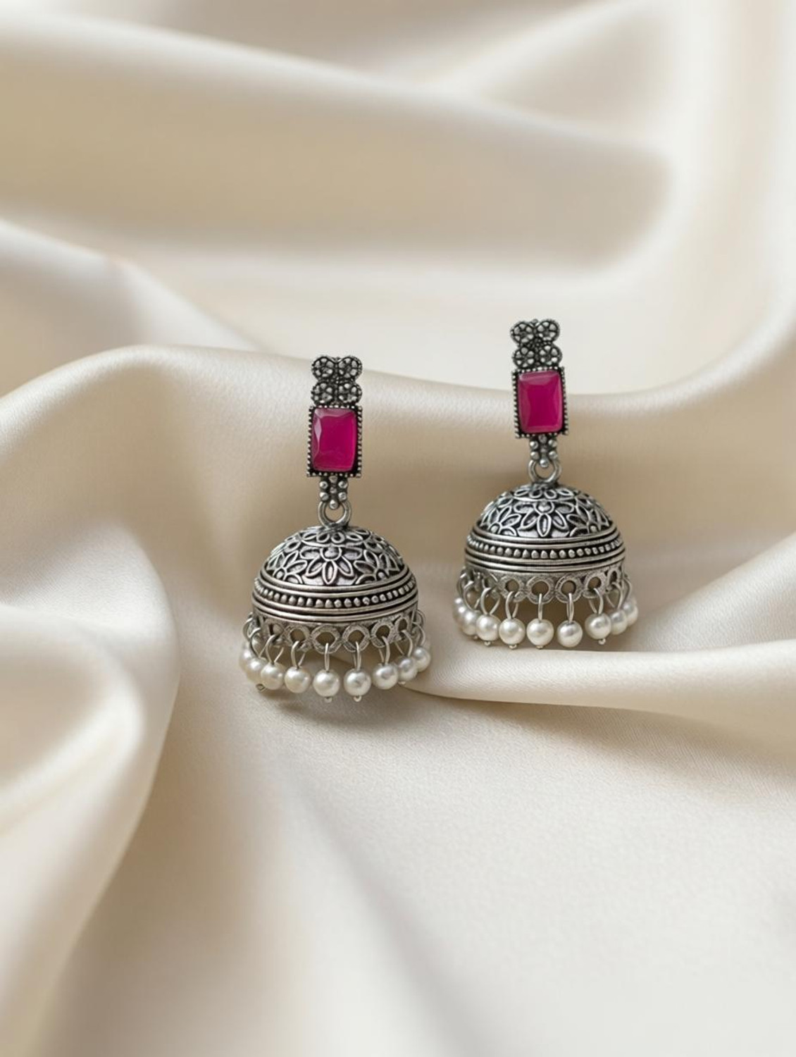 Image of Radhe krishna sales Oxidised Silver Jhumka Earrings with Pink Stone & Pearl Drops Alloy Jhumki Earring