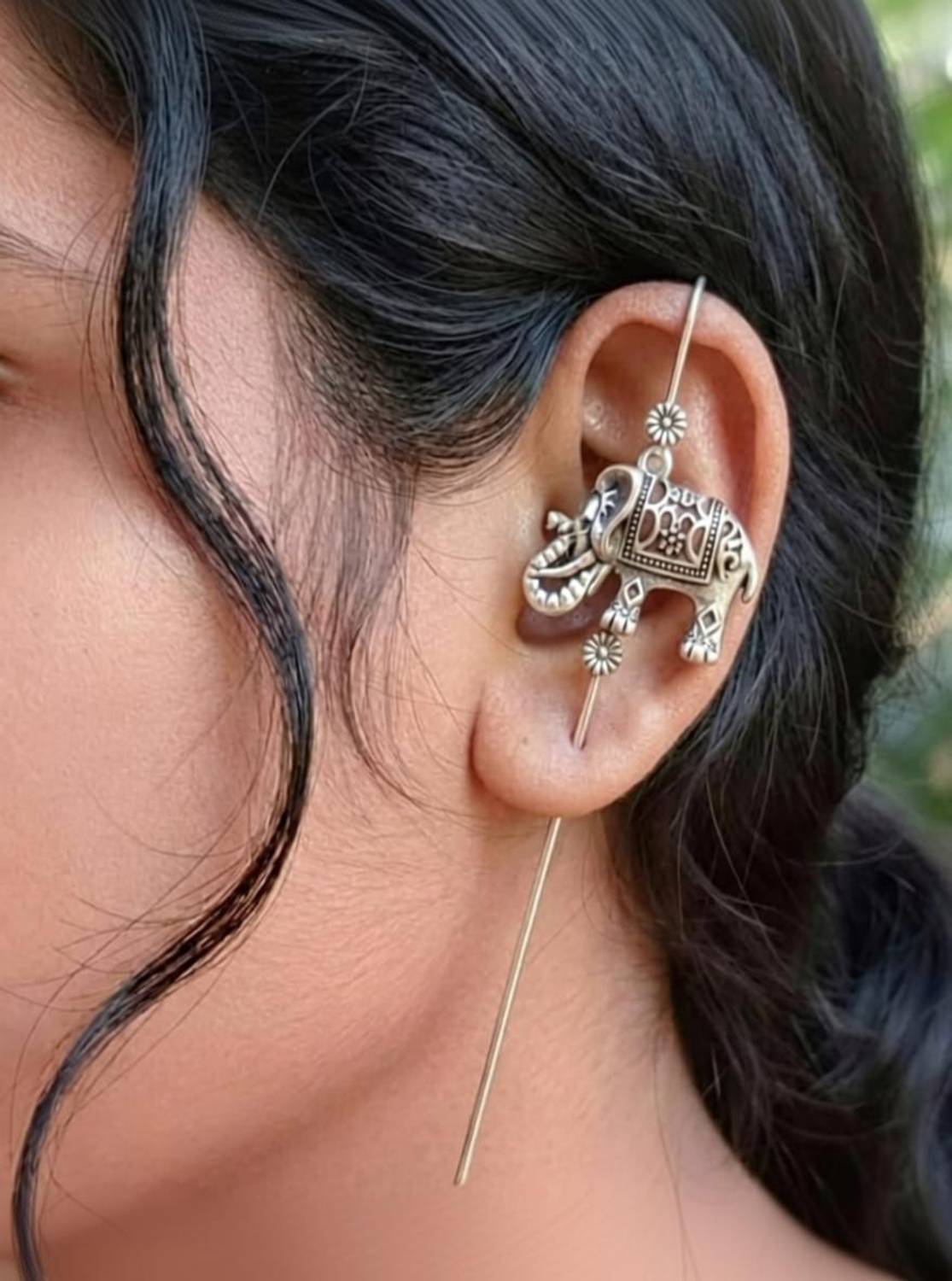 Aktrap Oxidised Silver Elephant Design Bugadi Earrings For Womens & Girls German Silver Cuff Earring