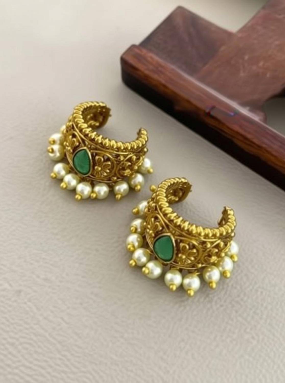 CHICLY Traditional Gold Finish Green stone Bugadi Ear Cuff with Pearl Drops Brass Cuff Earring