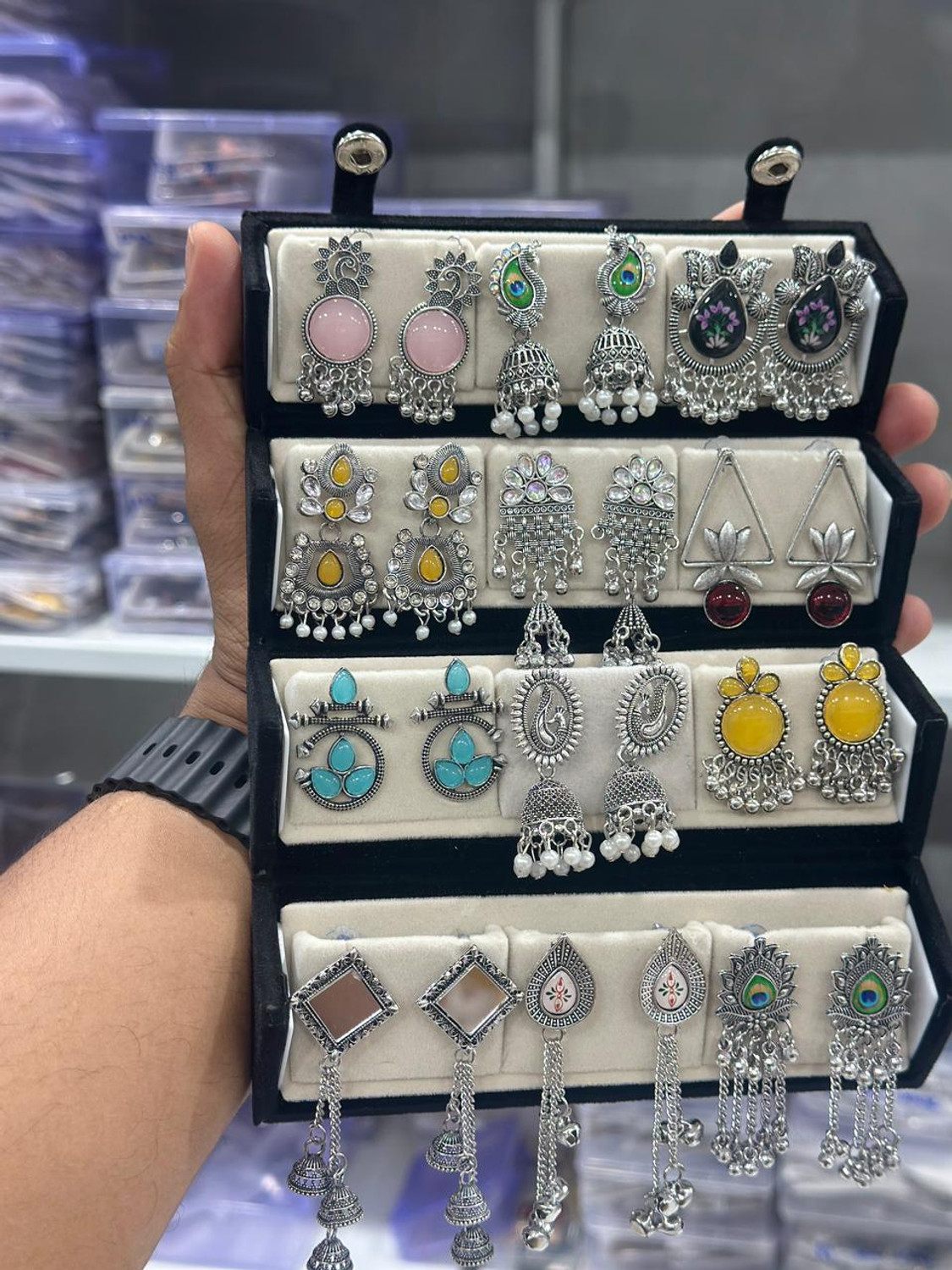 Image of Antico 12 Pair Random Jaipuri Silver Oxidised Jhumki Earrings with Velvet Earring Box. Beads, Diamond, Pearl Alloy Jhumki Earring, Drops & Danglers