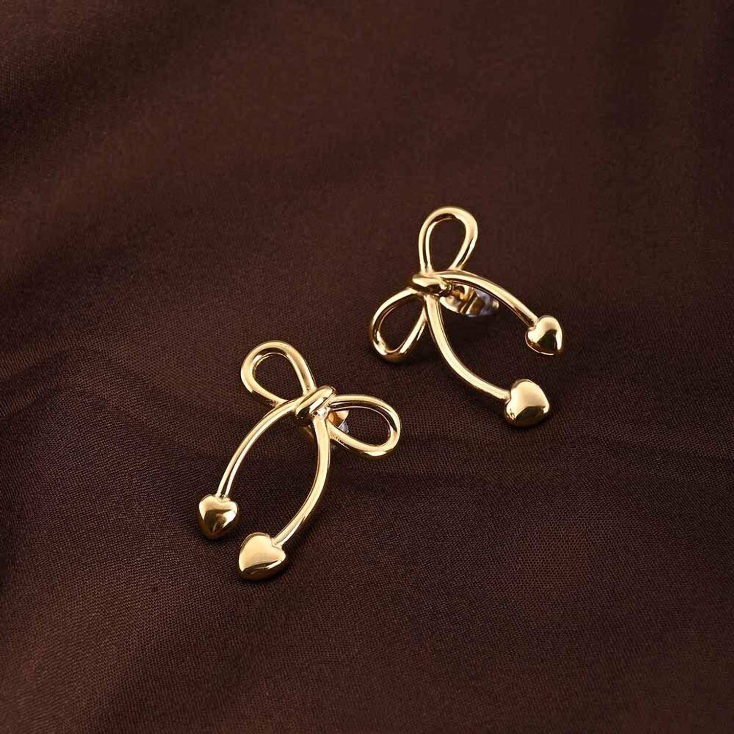 Image of PALMONAS Unique Gold Bow & Heart Drop Earrings Stainless Steel Drops & Danglers