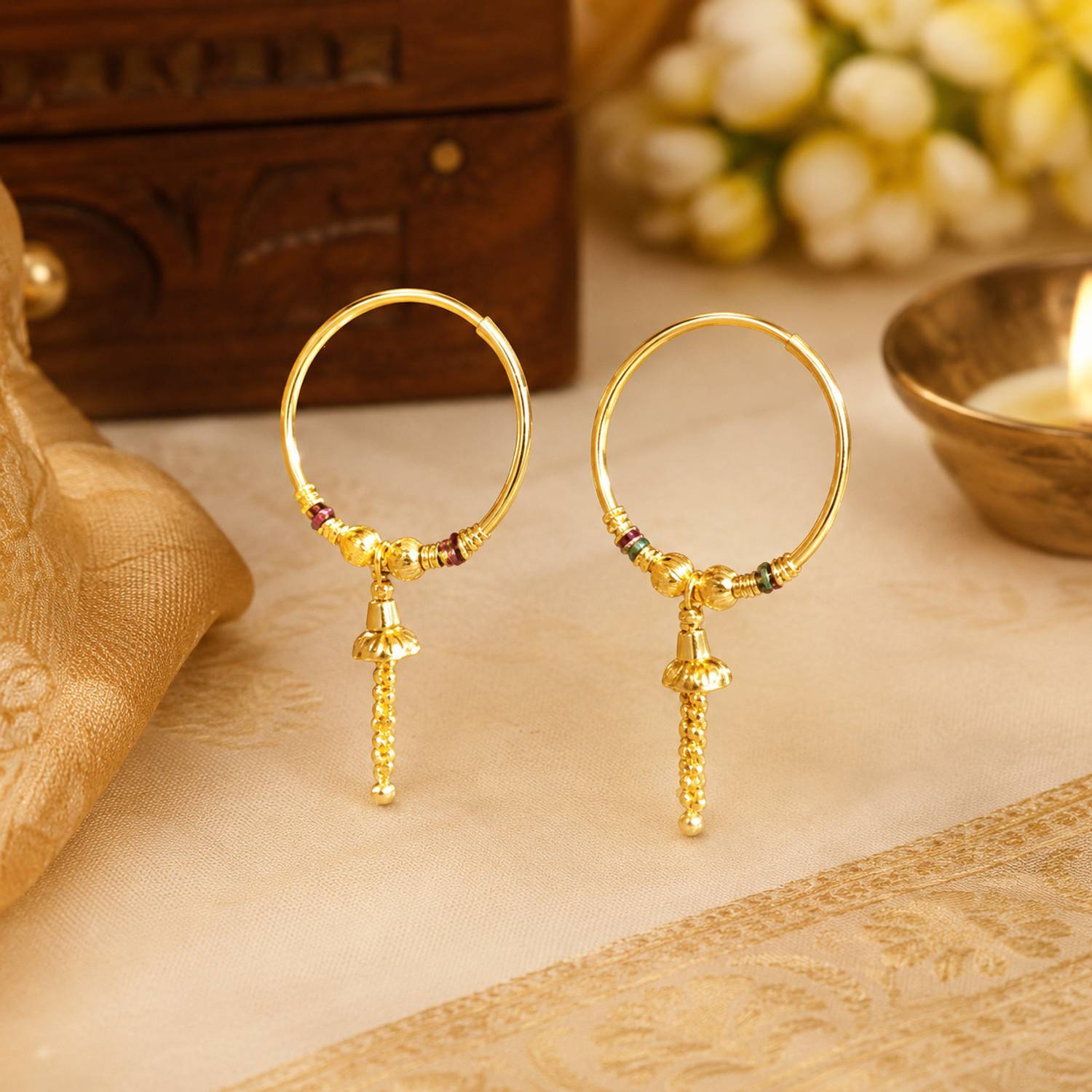 Aksha Gold Plated Ethnic Hoop Bali Dangler Earrings - Image 1