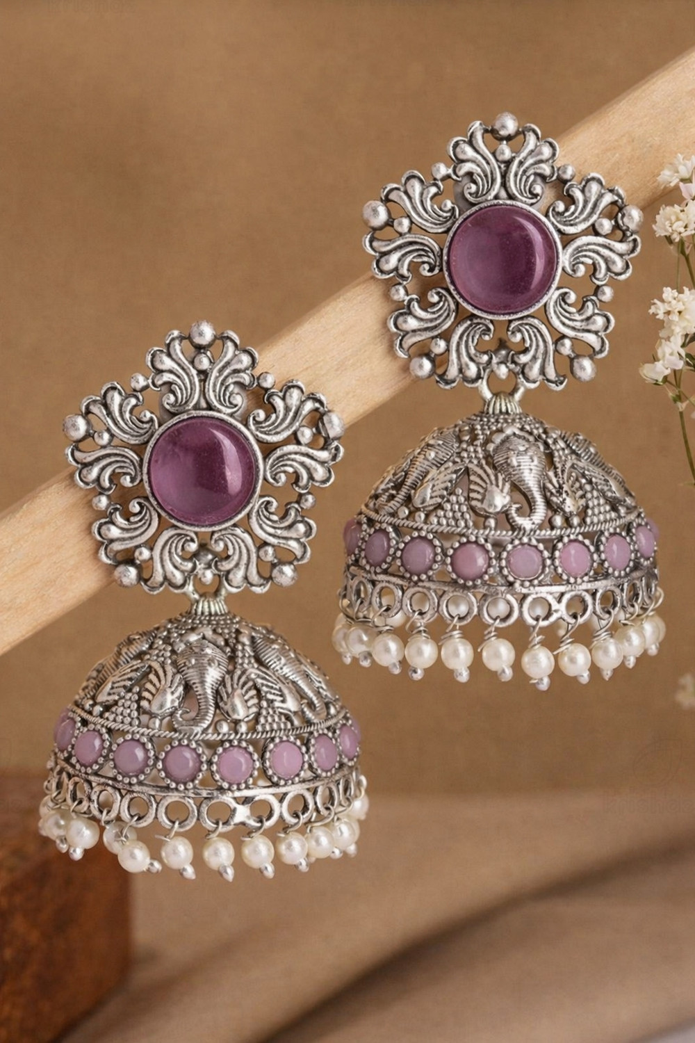 Image of KAYAANSH ​Oxidized Silver Ganesha Motif Pearl Jhumka Earrings Pearl Alloy Jhumki Earring