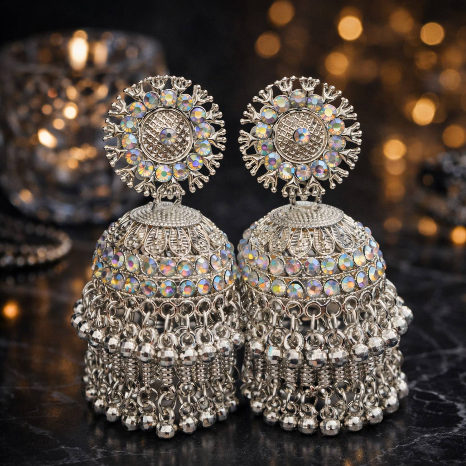 AFSHINE Traditional Silver Jhumka Earrings for Women Crystal Alloy Jhumki Earring