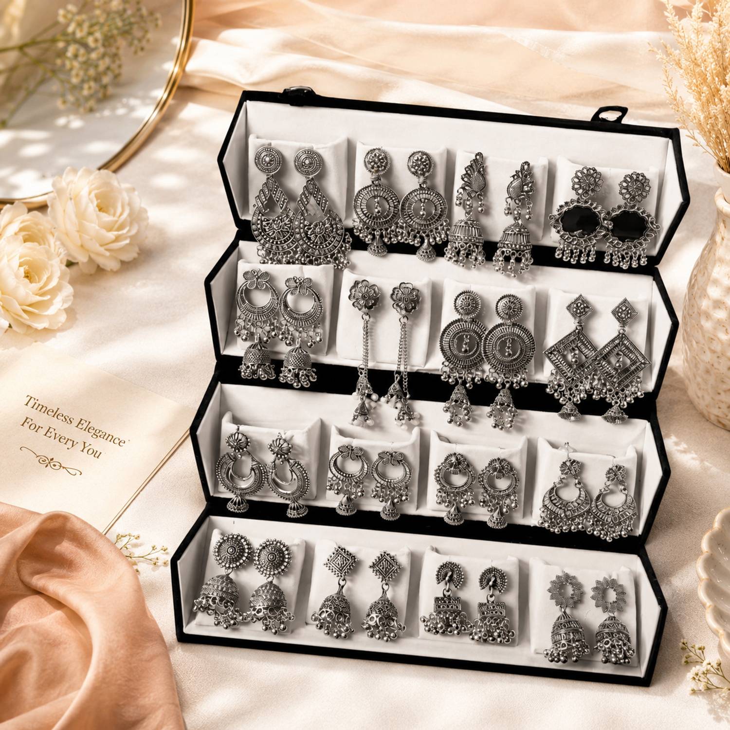 UrbanKiwi 16 Pair Oxidized Jhumka Earring Set - Image 3
