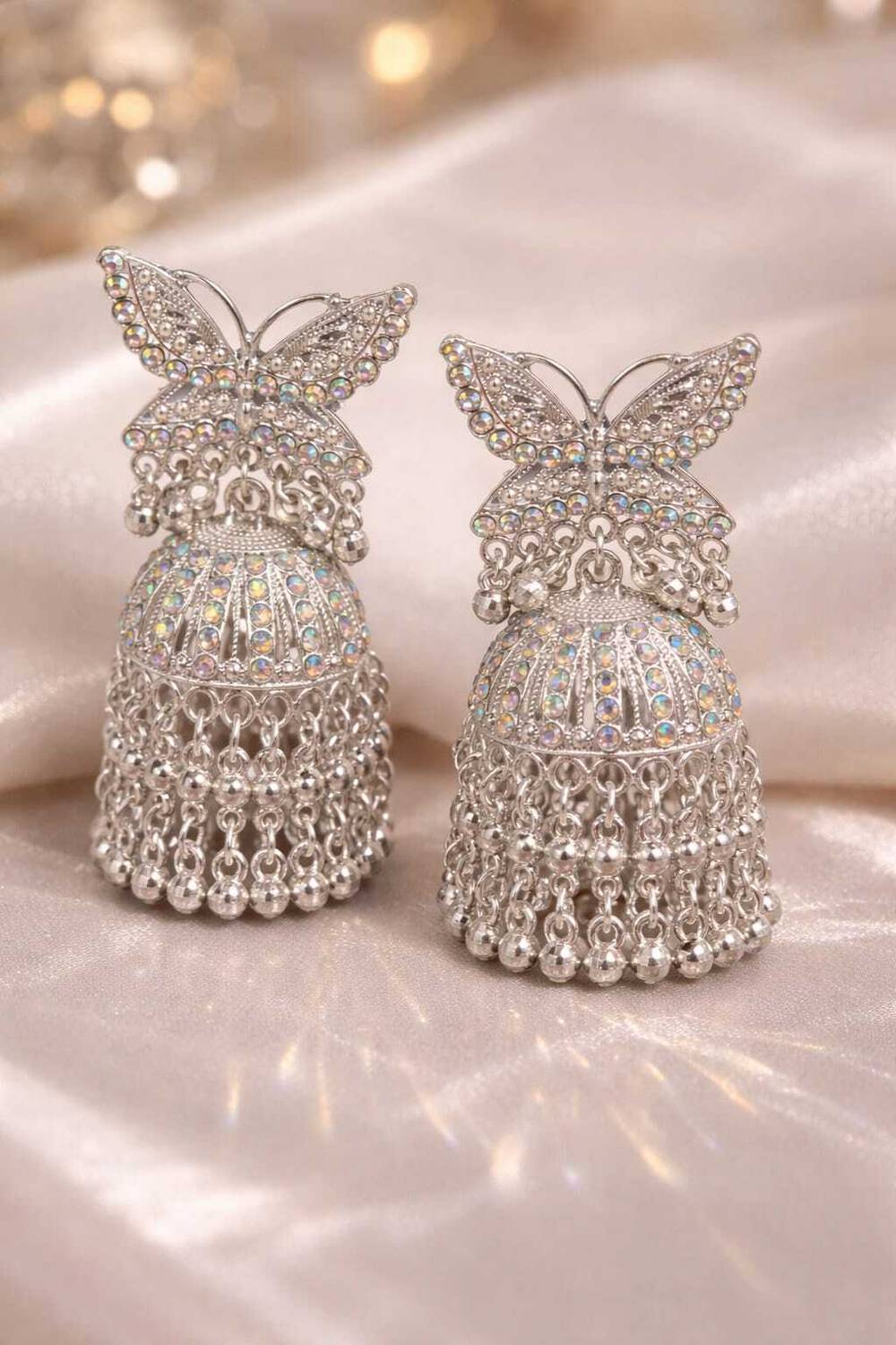 AFSHINE Royal Crystal Jhumka Earrings – Silver Tone Bridal Party Wear Silver Jhumki Earring