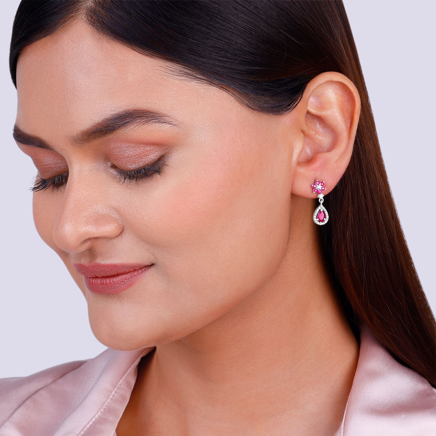 Image of GIVA 925 Silver Pink Flower Mini Drop Earrings|Lifetime Plating|6 Month Warranty Zircon Silver Drops & Danglers
