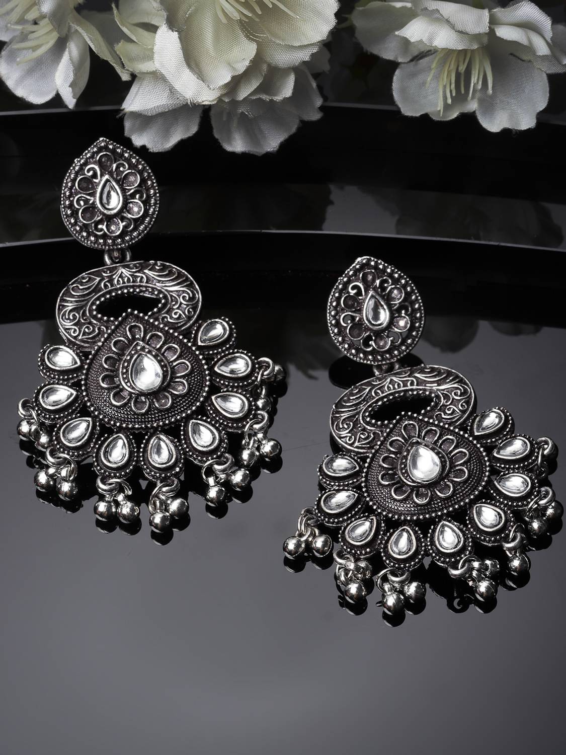 Adiva ADIVA Silver-Plated Kundan Stone Oxidised Contemporary Drop Earrings Alloy Drops & Danglers