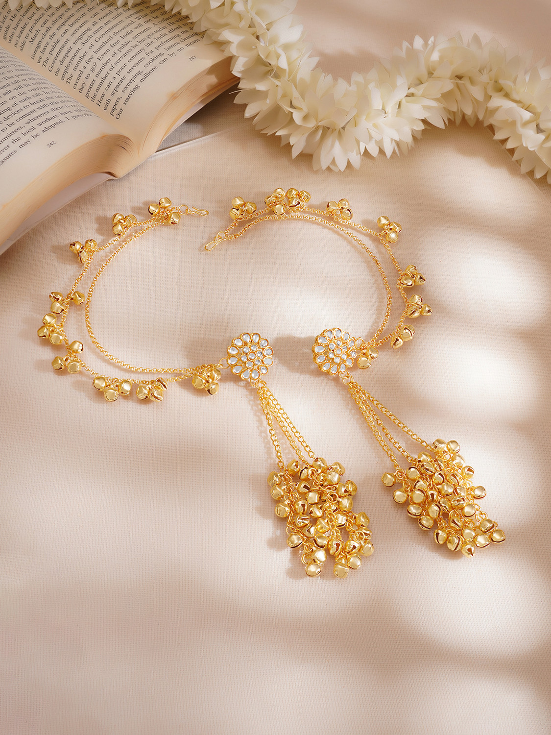 Image of RUBANS 18K Gold-Plated Triple Ghungroo Beaded Ear Chain Extension Ear with Floral Stud Brass Stud Earring