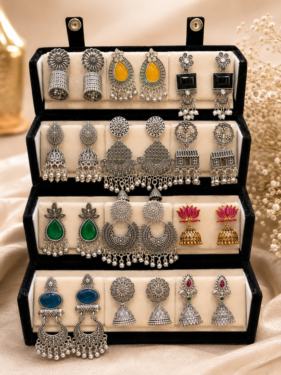 Image of Treviyaa Combo of 12 Pair Earrings With Velvet Earrings Folding Box Combo Earrings Beads, Crystal Alloy Jhumki Earring