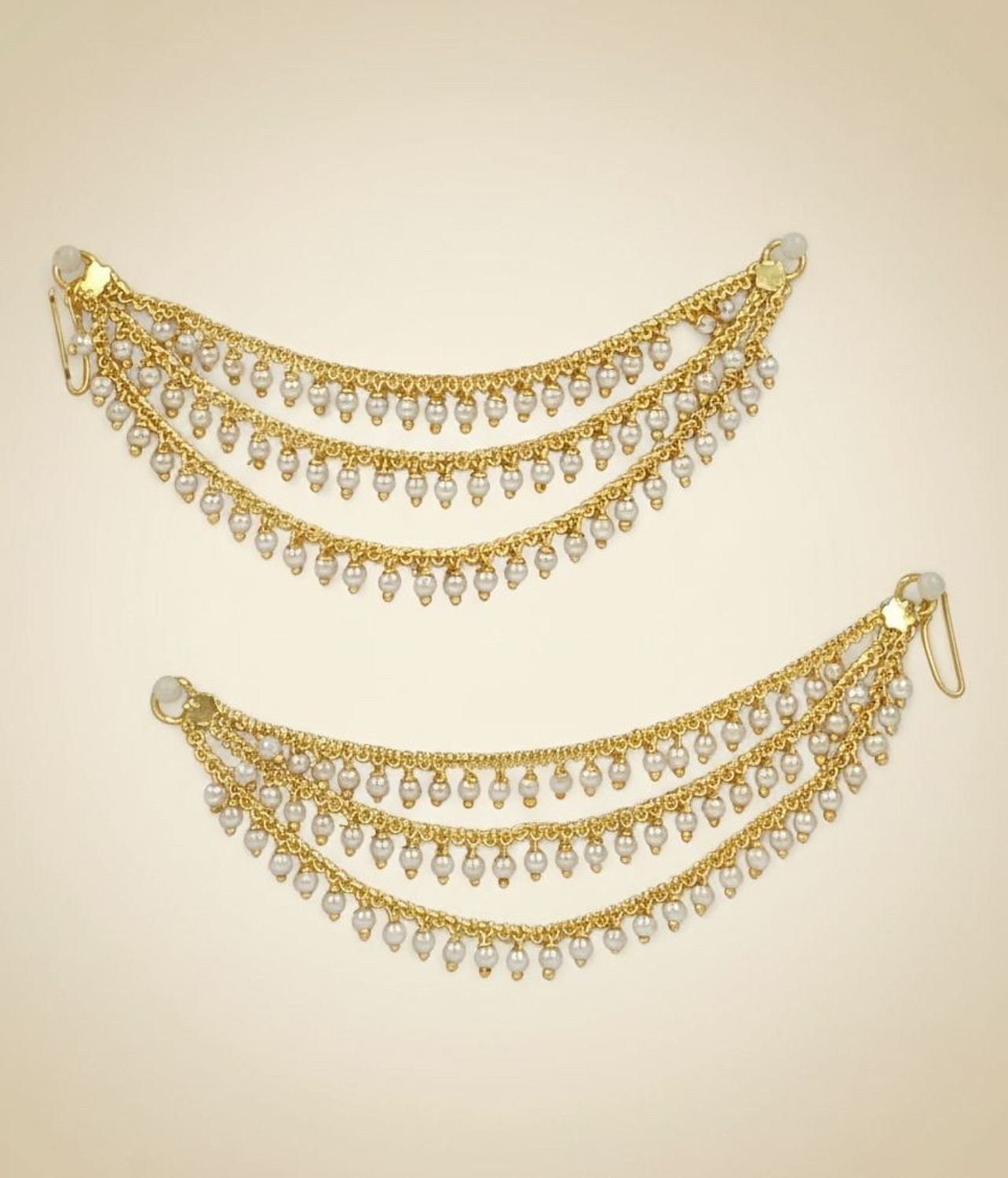 Image of Sulakshyaa Temple Jewellery Small Pearl Beads Statement Chain Clip on hair champaswaralu Alloy Jhumki Earring