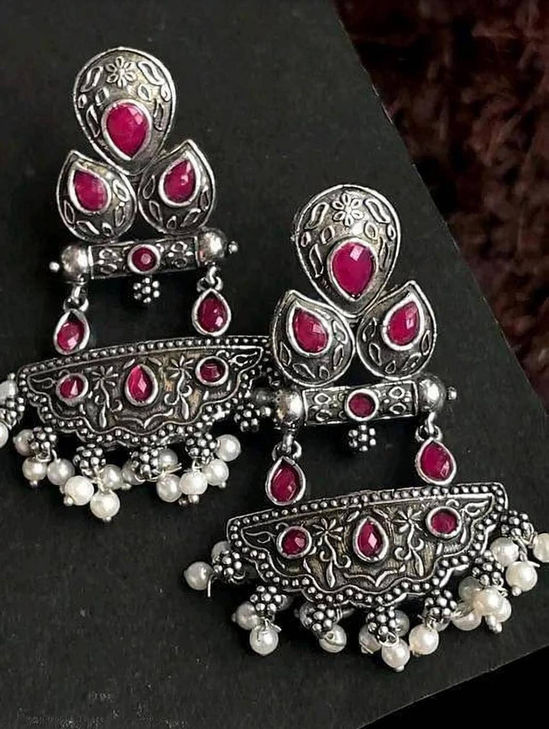 AKENTERPRISE Oxidised Silver Green Stone & Pearl Dangler Earrings for Women Alloy Jhumki Earring