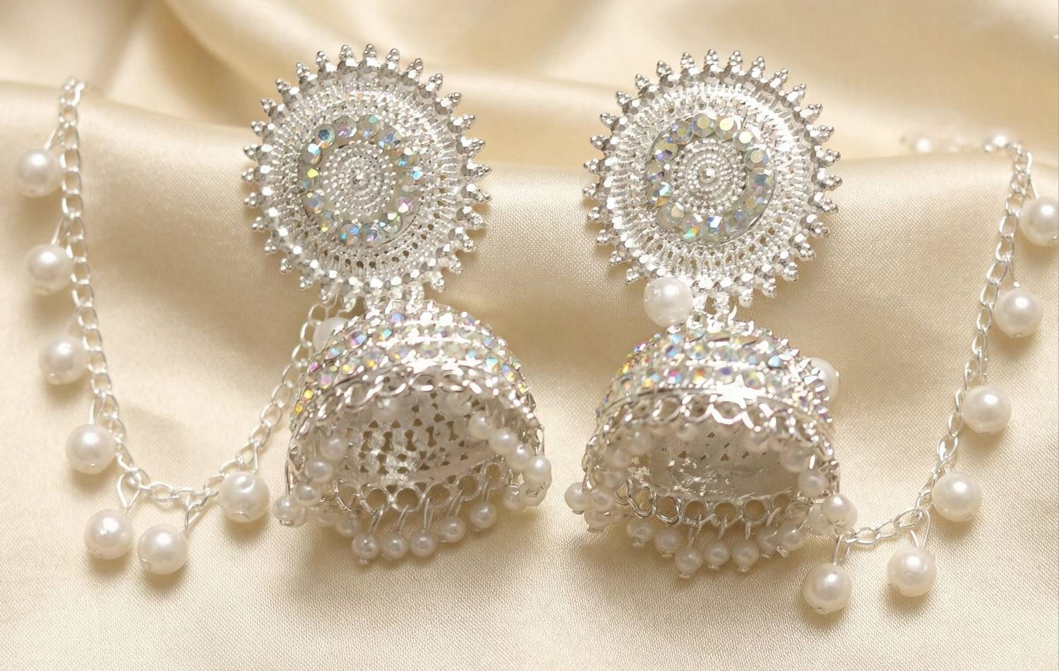 Aadya Collections Exquisite White-Toned Crystal Jhumka Earrings with Detachable Pearl Hair Chains Alloy Jhumki Earring, Chandbali Earring, Hoop Earring, Hoop Earring
