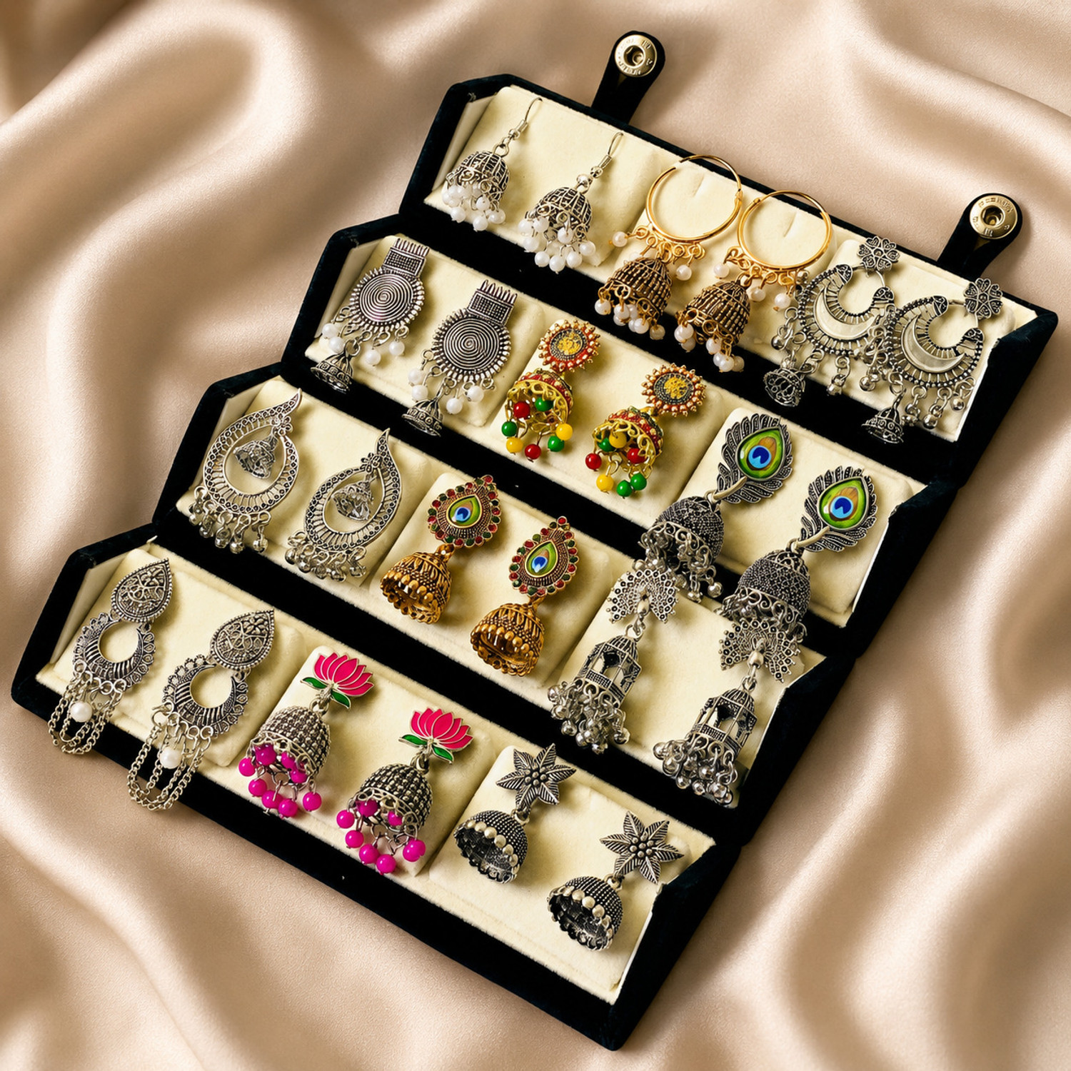 Image of RATNAASYA Traditional Oxodised 12 Pairs jhumki Earrings combo set Cubic Zirconia Alloy, Sterling Silver Chandbali Earring, Drops & Danglers, Earring Set, Hoop Earring, Jhumki Earring