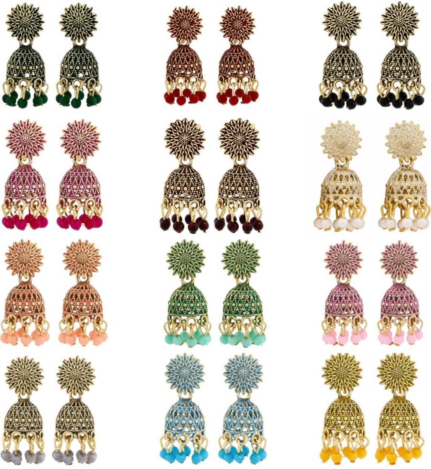 Antico 12 Pair Colorful Jhumki Earrings - Image 5