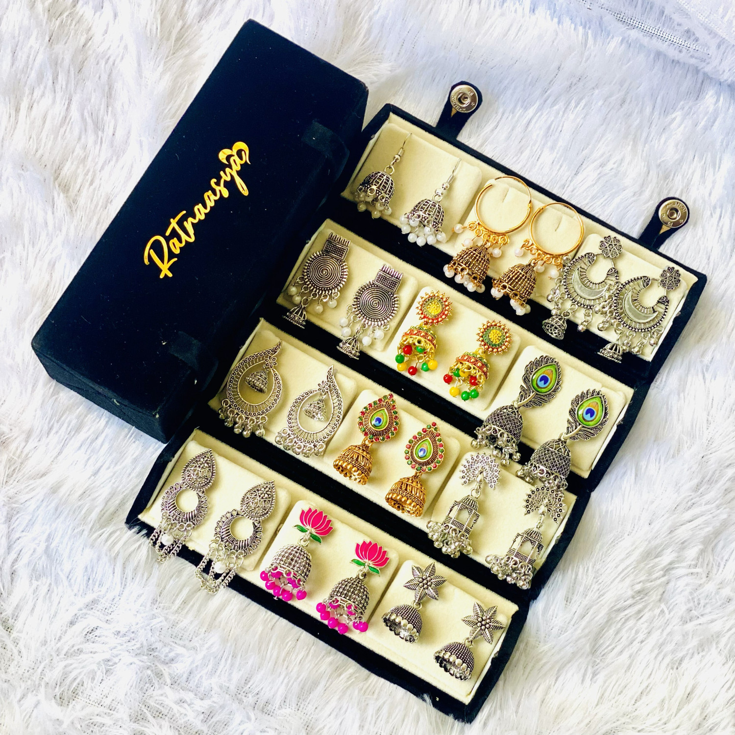 Image of RATNAASYA Traditional Oxodised 12 Pairs jhumki Earrings combo set Cubic Zirconia Alloy, Sterling Silver Chandbali Earring, Drops & Danglers, Earring Set, Hoop Earring, Jhumki Earring