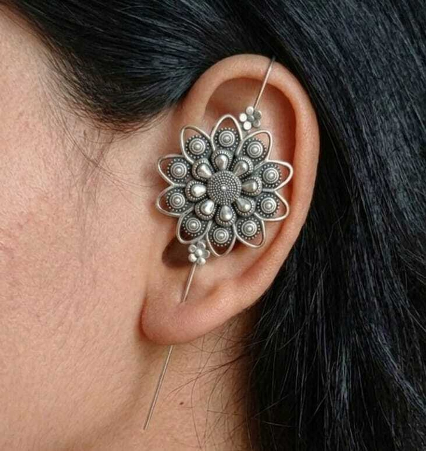 Image of Aktrap Oxidised Silver Flower Design Bugadi Earrings For Womens & Girls German Silver Cuff Earring
