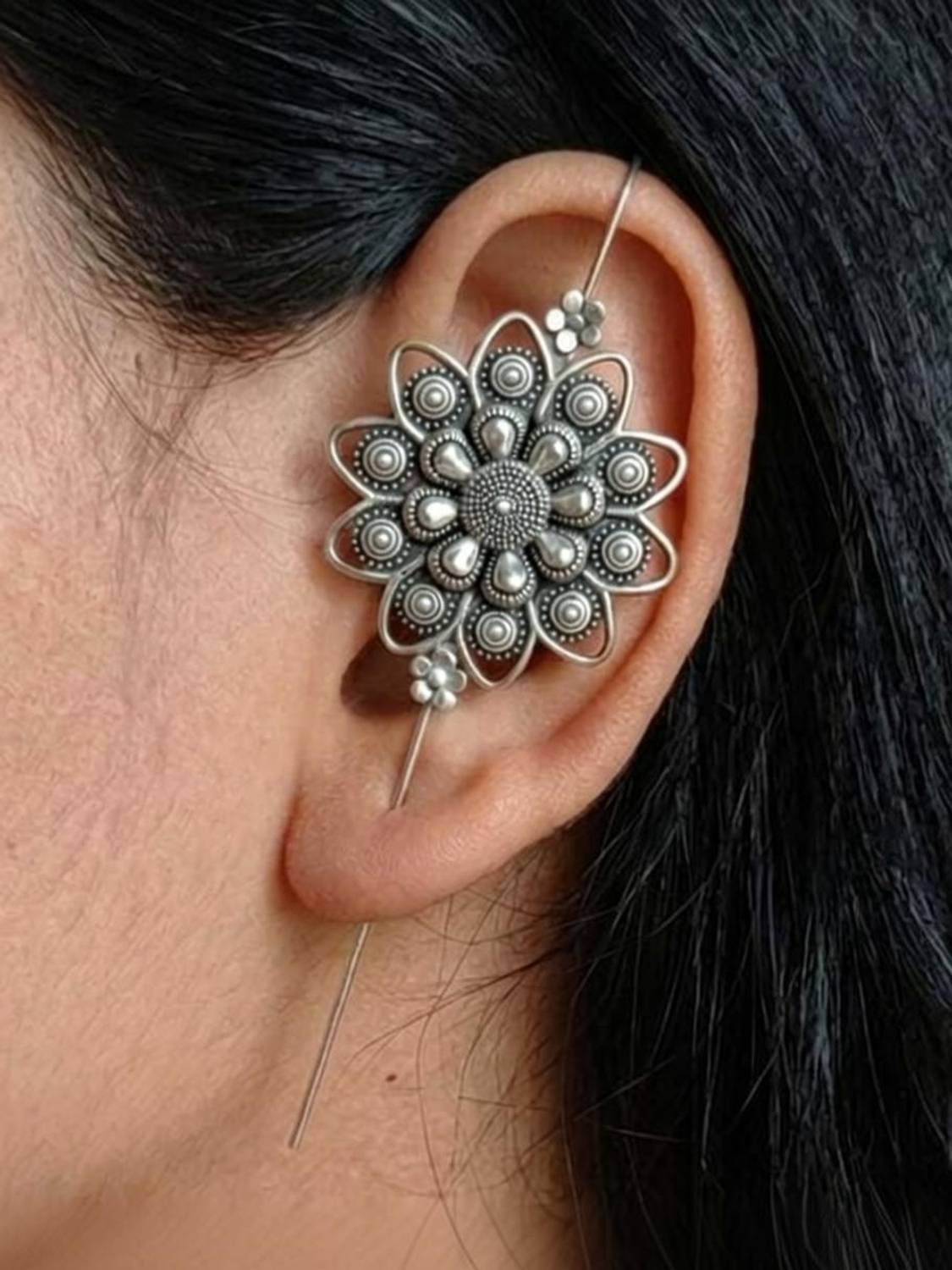 Aktrap Oxidised Silver Flower Design Bugadi Earrings For Womens & Girls German Silver Cuff Earring