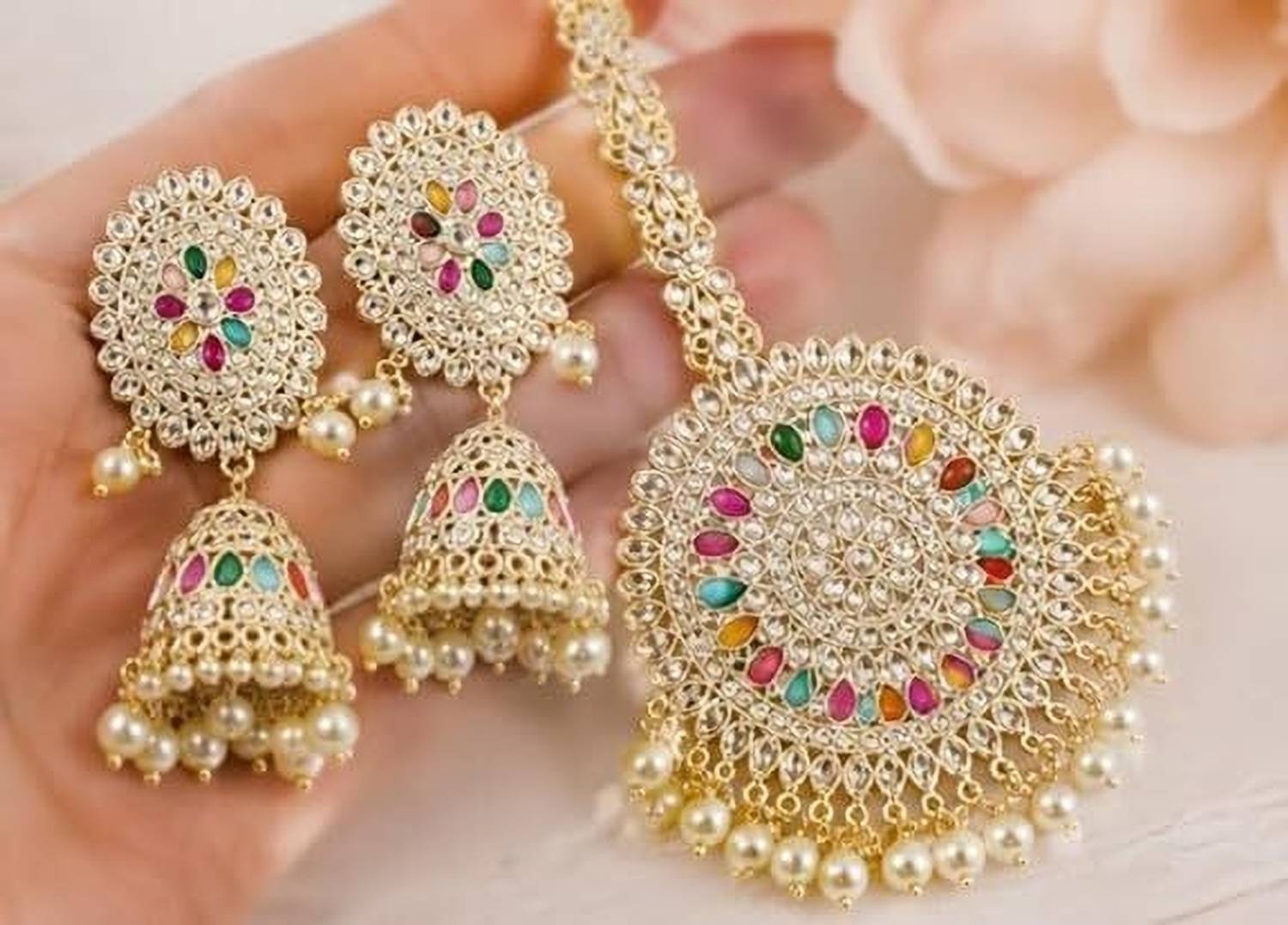 Aditya Fashion Traditional Maangtikka Earring Set, MultiColor Floral Design with Pearl Drops Metal Chandbali Earring, Jhumki Earring