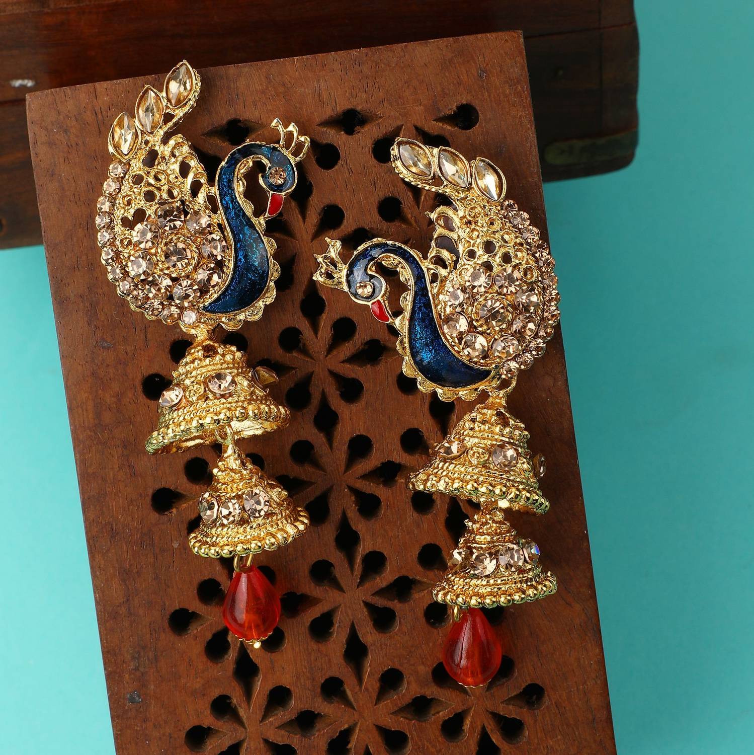 BHANA FASHION Peacock Shape LCT Stone Studded 2 Floor Jhumka Earring_BF Cubic Zirconia Brass Jhumki Earring