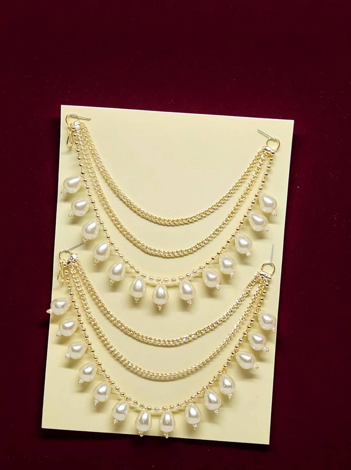 AjaraGems 3 Layers Gold Plated Designer Pearl Ear Chain for Earrings Beads Alloy Earring Set