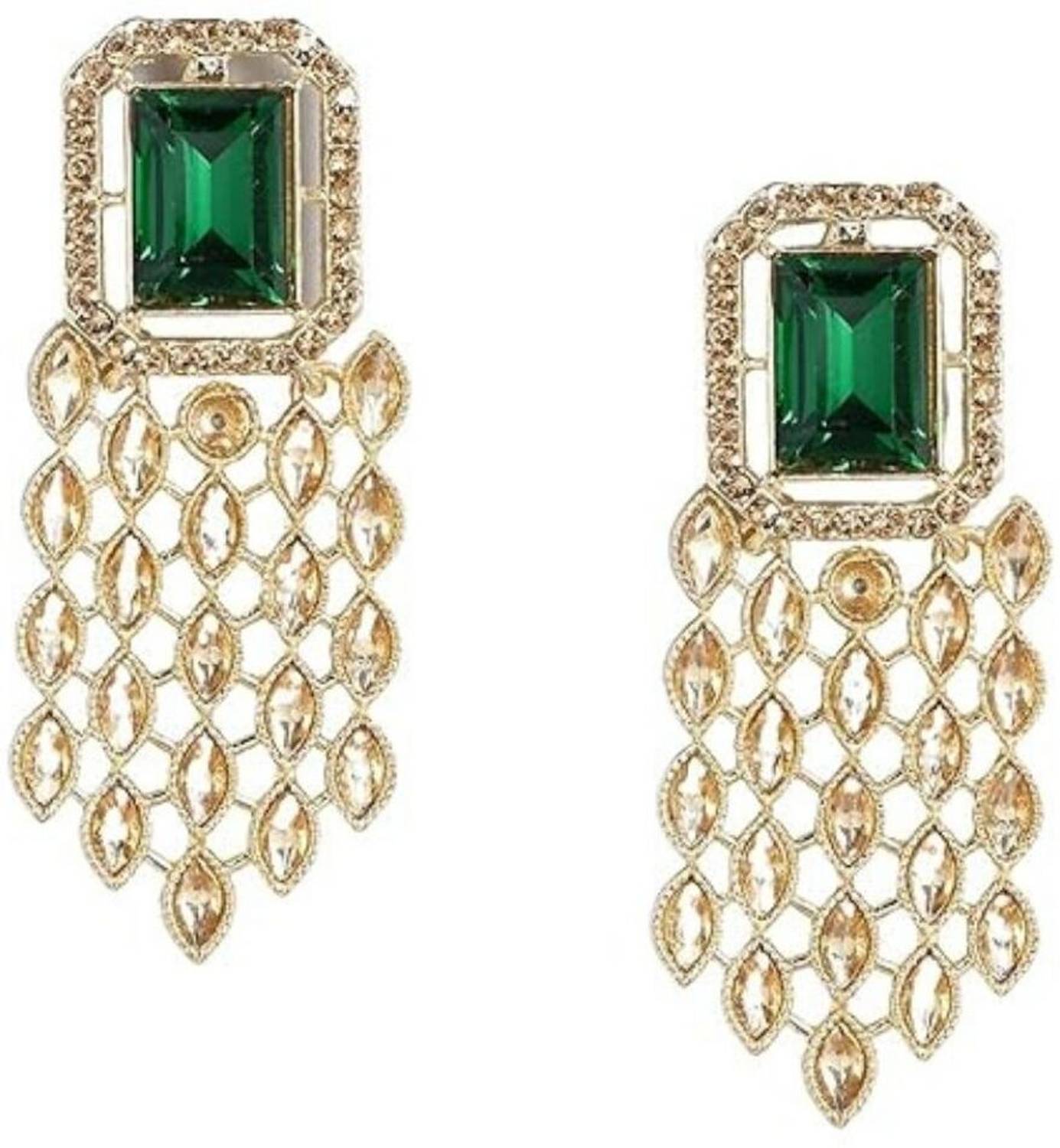 ANOUK Gold Plated Indo Western Style Emerald and Rhinestones Embellished Earrings Brass Drops & Danglers