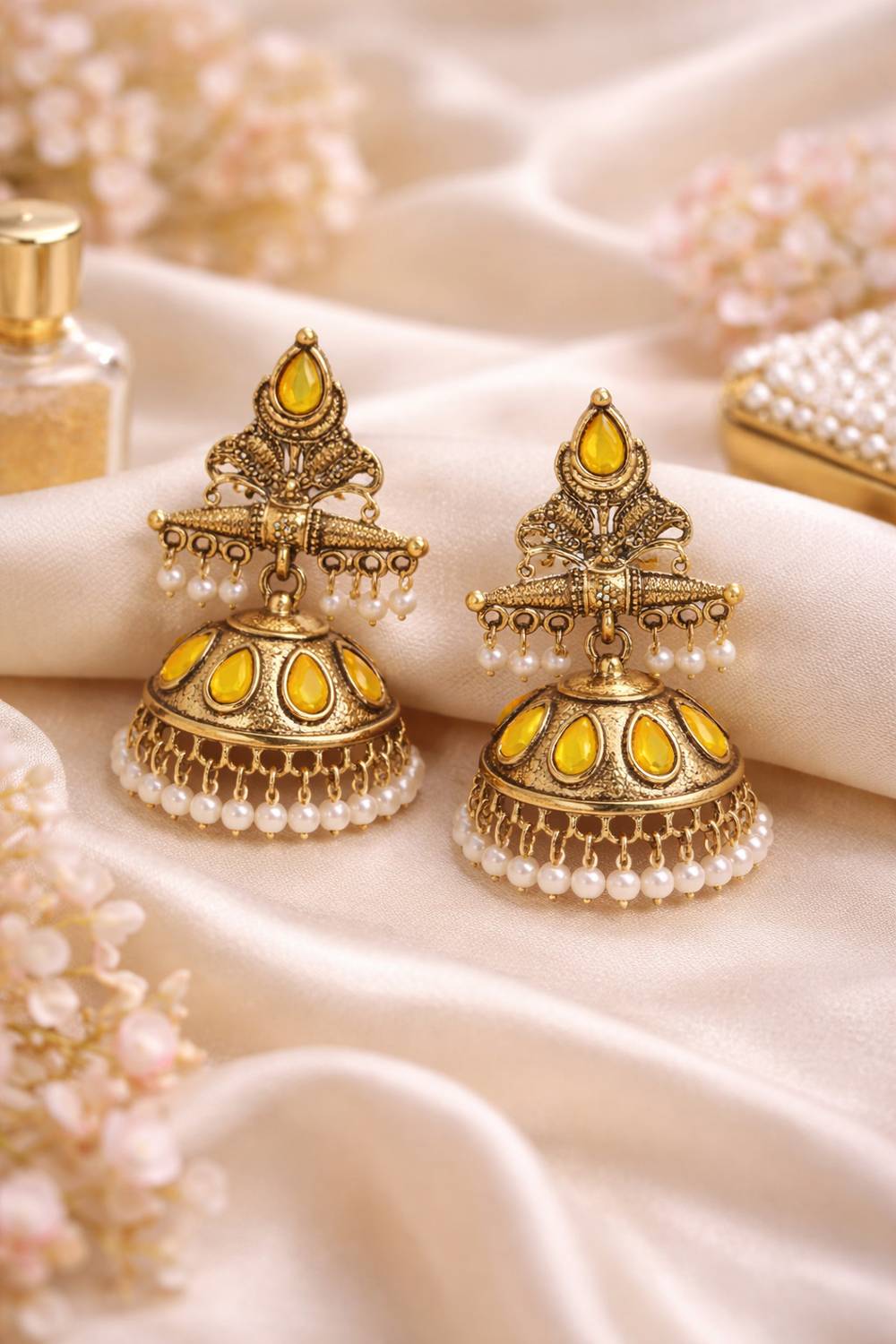 BellaArte Antique Gold Plated Yellow Stone Pearl Jhumka Earrings Alloy Drops & Danglers, Jhumki Earring