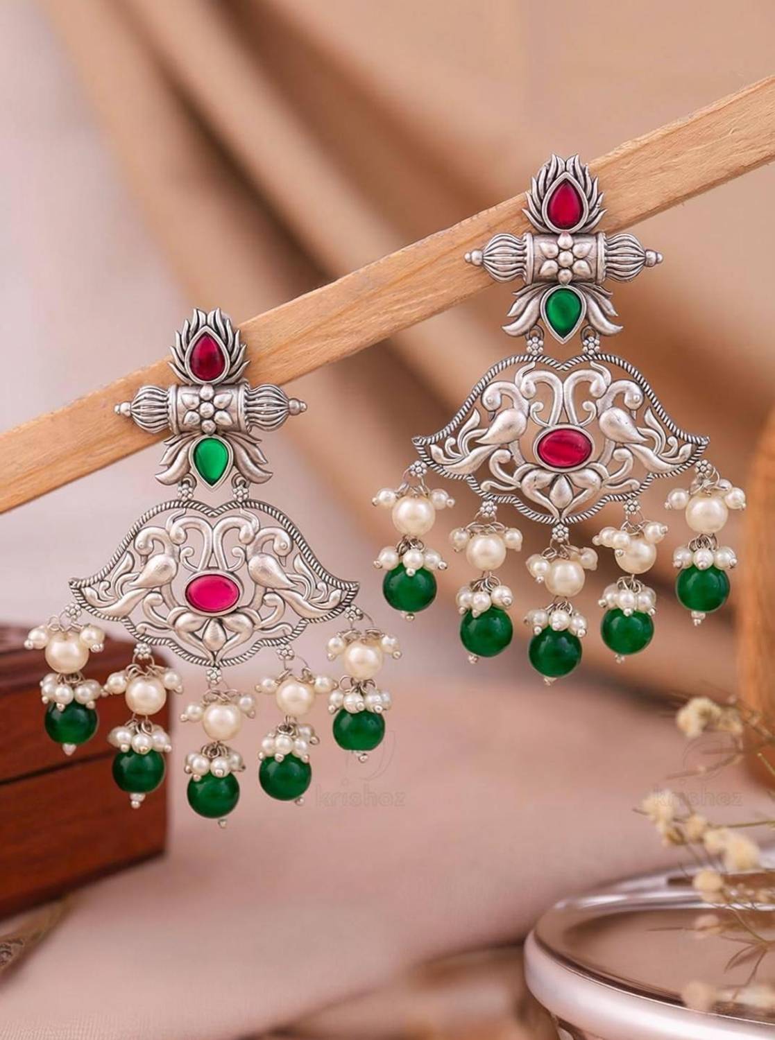 AKENTRPRISE Ethnic Oxidized Earrings with Red & Green Stones Alloy Drops & Danglers